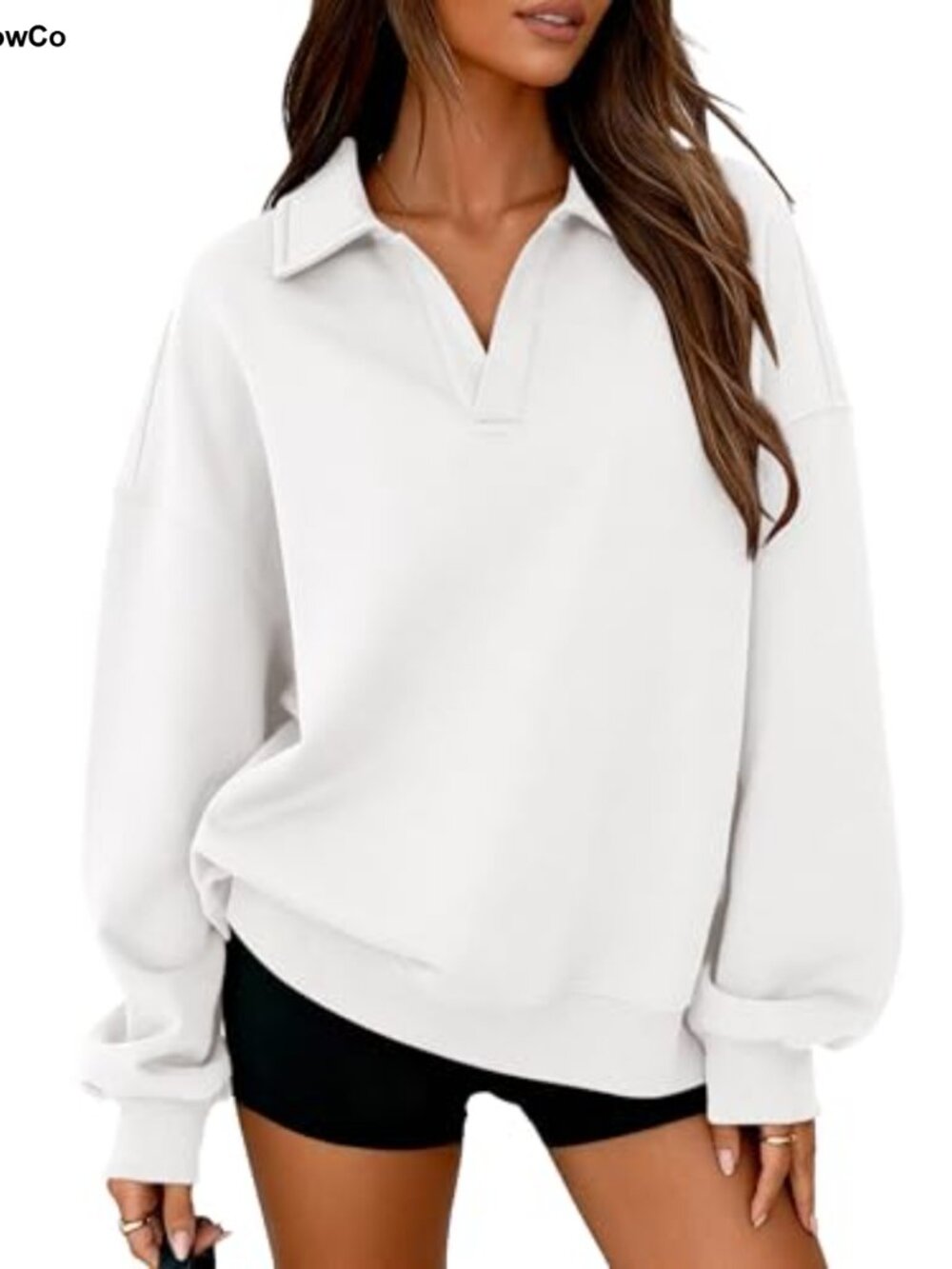 Women's Oversized Fleece Pullover Sweatshirt V-Neck Long Sleeve Polo